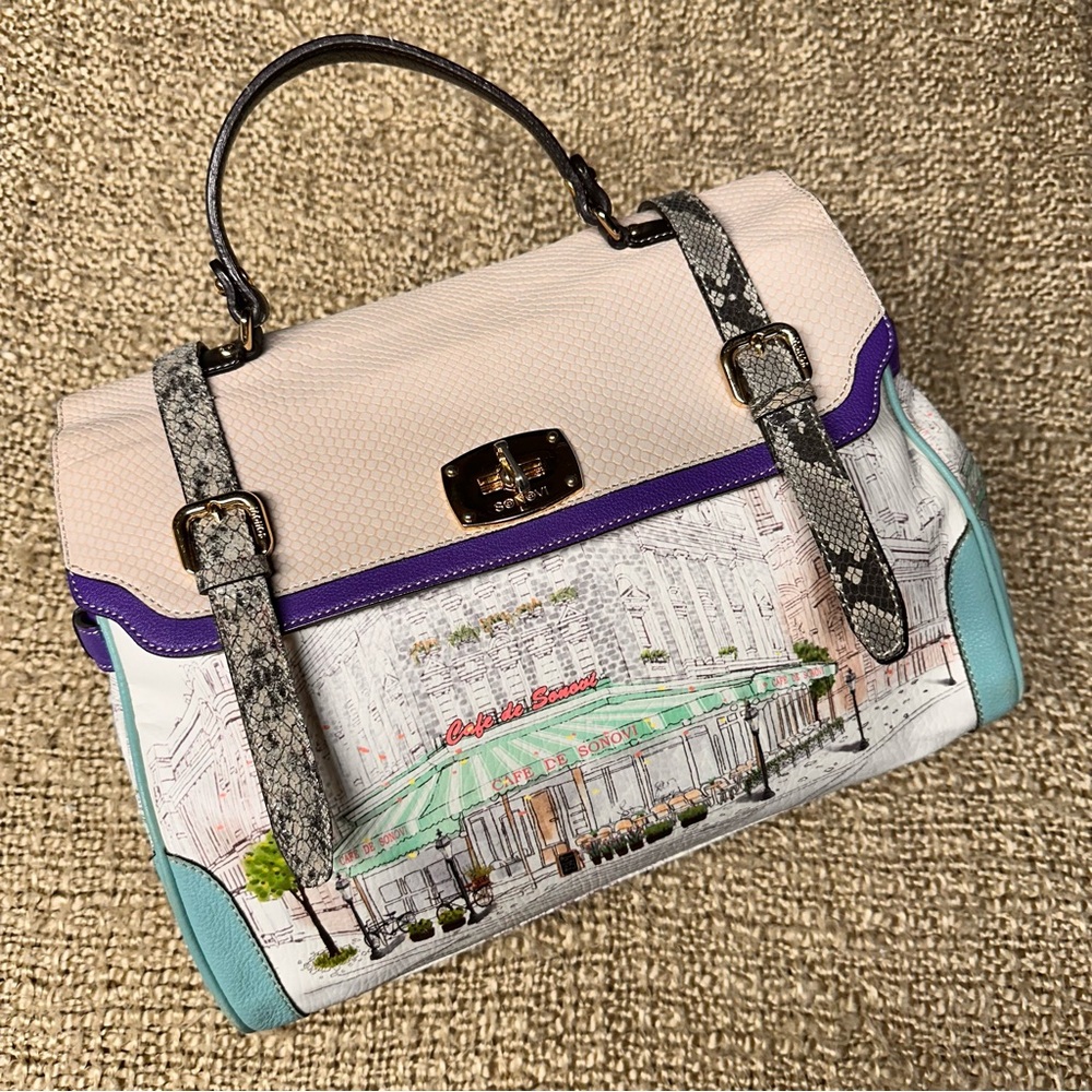 SONOVI Multicoloured Leather Satchel Handbag with Cafe Scene